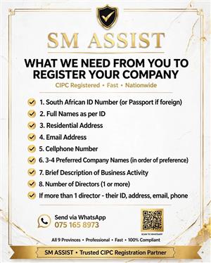 SM ASSIST - CIPC REGISTRATION & SAME DAY CERTIFICATE 