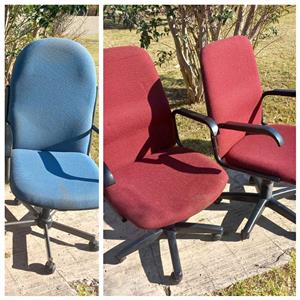 Office Chairs ( 1 x blue & 2 x Maroon) Upholstery needs cleaning.