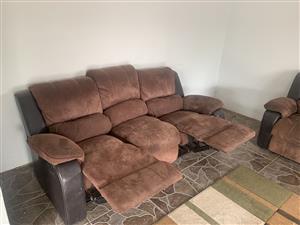 Brown suede recliner couch set ( 3 and 2 seater)