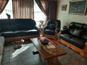 Genuine leather and wood 6 seater lounge suite  like new