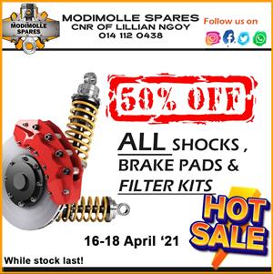 50% OFF ALL Shocks, Brake Pads & Filter Kits at Modimolle Spares!