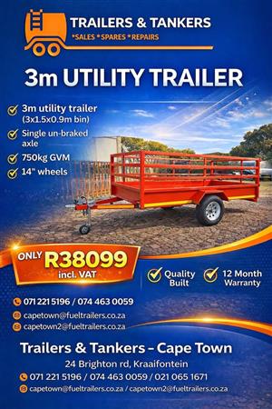 2026 Trailers&Tankers 3m Non Braked Utility Trailer/ Cargo Trailer