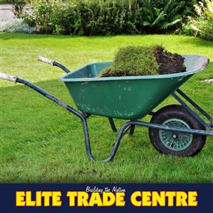 Gardening tools and wheelbarrow