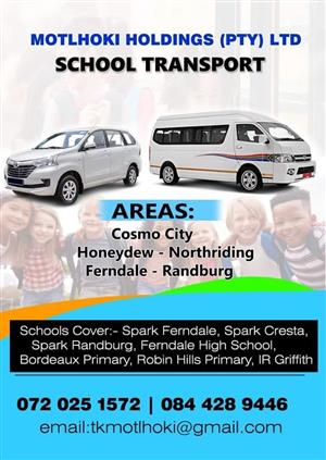 2026 School Transport available from Cosmo city, Northridding to Randburg.