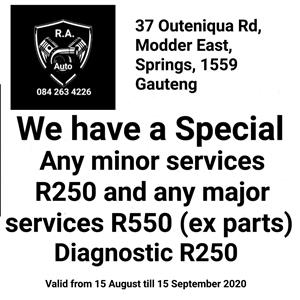 We have a special R250 for a minor service and R550 for a major service parts not included in price
