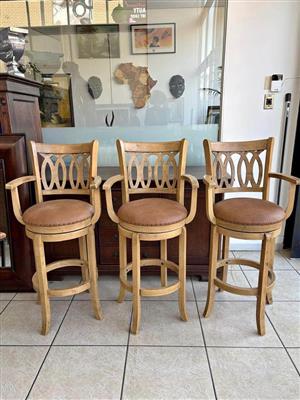 Set of 3 Solid Oak Swivel Bar Stools