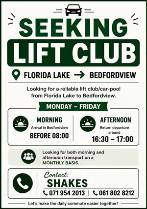 Seeking lift club from Florida to Bedfordview