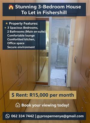 🏡 Stunning 3-Bedroom House To Let in Fishershill  A beautiful and spacious 3-be