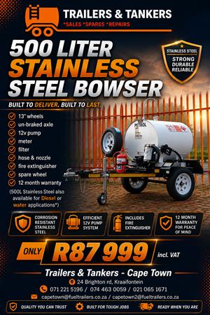STAINLESS STEEL FUEL BOWSER TRAILER 500 LITER