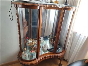 Antique glass display cabinet,solid Imbuia curved wood