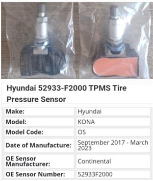 Hyundai Kona TPMS tyre pressure monitor sensors and valves 