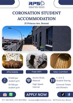 STUDENT accommodation to let in Benoni CBD.