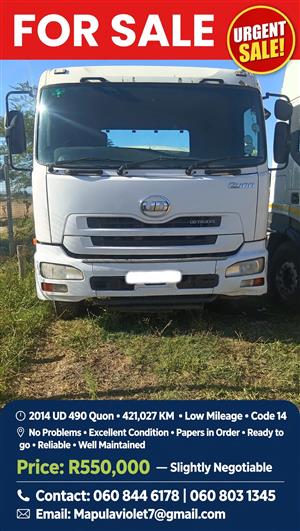  2014 UD 490 Quon for sale, Code 14, 421,027km only - very low mileage