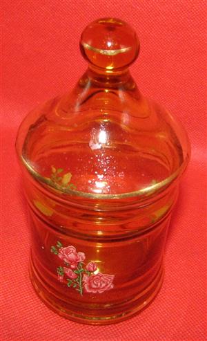 Vintage Amber Glass Jar Clear & Lid with Rose Motif