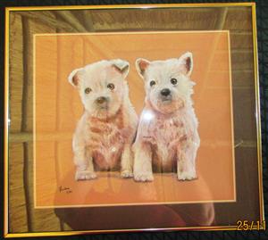 Original Oil Painting in Solid Brass Frame - Puppies - 485mm x 435mm