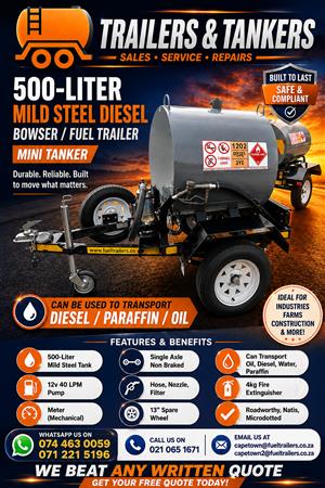 500 liter diesel bowser/ fuel trailer/ mini tanker (MILD STEEL)