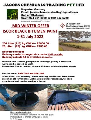 Iscor Black Bitumen Paint 200l drum a 25l container  