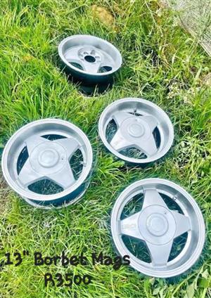 13" Borbet Mags, Multi PCD, 1 Centre cap missing, No Tyres!!