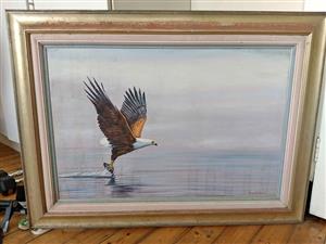 Oil painting-depicts an African Fish Eagle catching a fish from water.