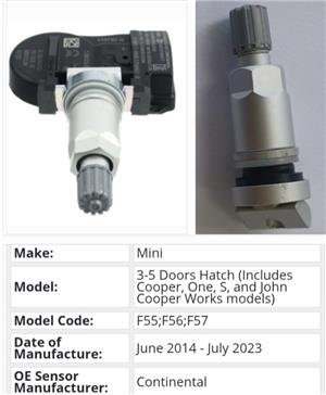 Mini F55 F56 F57 TPMS tyre pressure monitor sensors and valves 