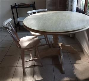 Dining room table and 2 chairs, pine  light white wash white painted.