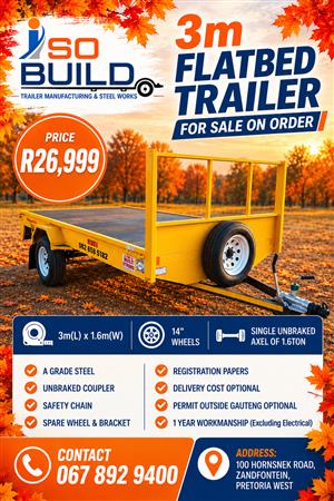 3m Flatbed Trailer for sale on order