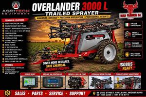 New Agritech Overlander 3000L trailed boomsprayers for sale at Mad Farmer SA