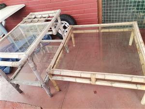 2x bamboos table with top glass 