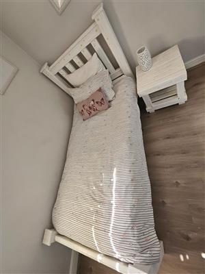 White stained wood single bed set with matching hanging cupboard and drawers