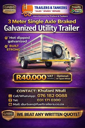 3 METER BRAKED SINGLE AXLE 14" UTILITY TRAILER HOT DIPPED GALVANIZED