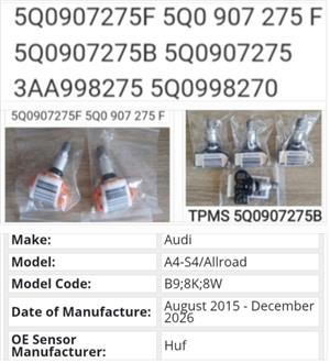 Audi A4 S4 RS4 TPMS tyre pressure monitor sensors and valves 