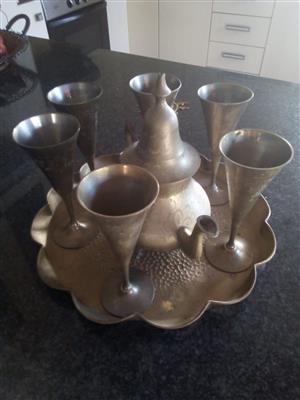 Brass tray with teapot and 6 glasses. R eg. Contact 