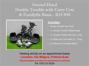 Second Hand Double Trouble with Carry Cots  & Familyfix Bases 
