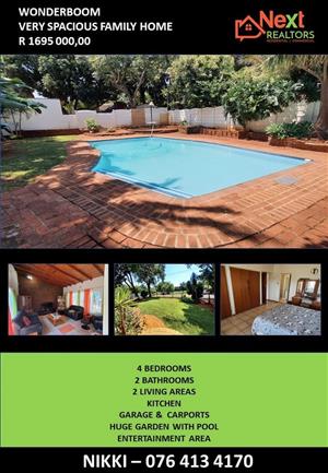 SPACIOUS FAMILY HOME FOR SALE IN WONDERBOOM ABOVE BRAAM PRETORIUS STR