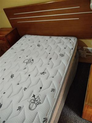 Three quarter bed, base, springed mattress and headboard