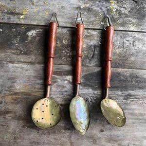 3-Piece Hammered Brass/Copper Utensils with Oak Handles
