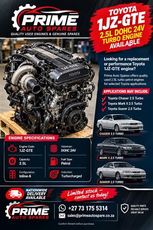 Used Toyota 1JZ-GTE 2.5L DOHC 24V Turbo Engine Available.
