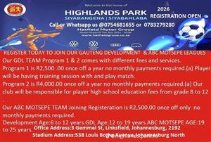 Highlands Park Football Club joining Registration opportunity April 2026
