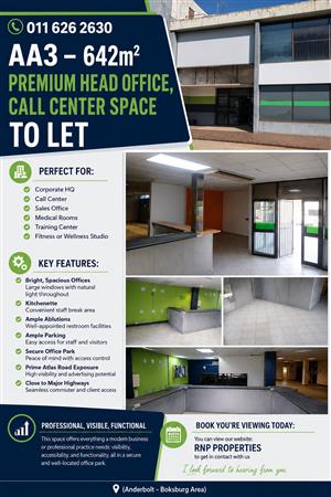 AA3 – 642m² Premium Head Office, Call Center Space To Let
