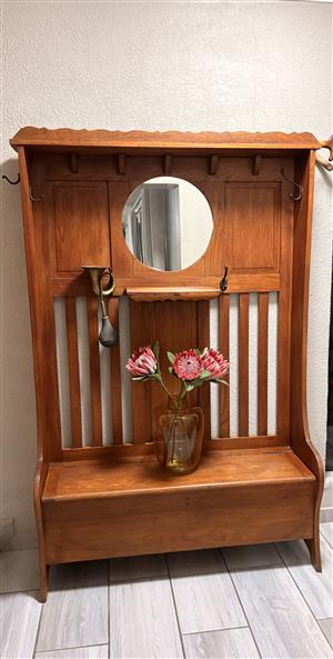     Solid Kiaat/Pine Wooden Hall Stand with Mirror & Storage Bench