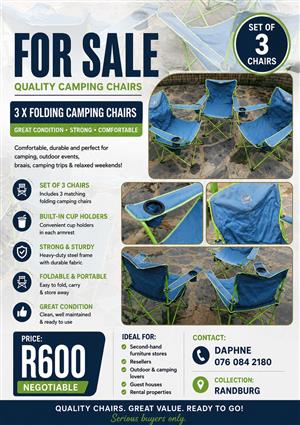 Set of 3 Camping Chairs with Cup Holders 