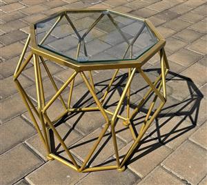 Venus 40cm(W)x45cm(H) Metal Side Table with a geometric metal frame and a tempered glass top.