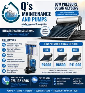 Water pumps, tanks and filters 