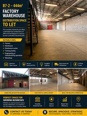 B7-2 – 444m² Factory Warehouse Distribution Space To Let