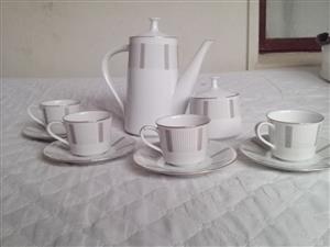 Vintage Noritake Silver Key #5941 - 9 Piece Tea Set - 4 Cups + Saucers + Teapot 