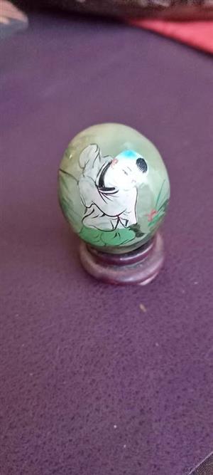 Vintag  Floral painted jadite  jade egg 43 gm