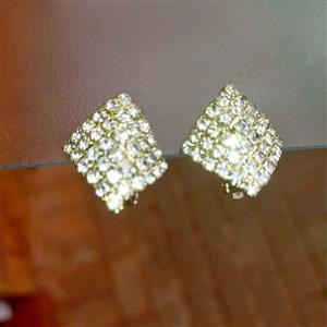 Vintage silver toned rinestone square sparkle clip on earrings