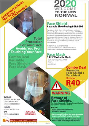 FACE SHIELD & MASK COMBO - BOTH FOR R40!! AVAILABLE NATIONWIDE