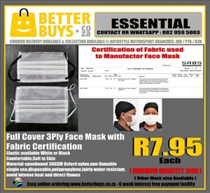 SPECIAL- Full Cover 3Ply Face Mask with Fabric Certificaion