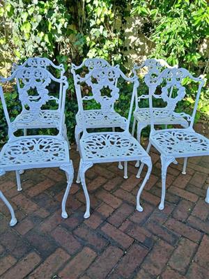 6 Vintage White Cast Iron Garden Chairs Set